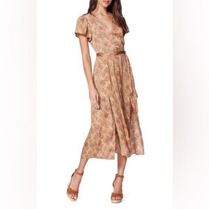 Paige Tan Snakeskin Button Front Slit Skirt Belted Midi Dress